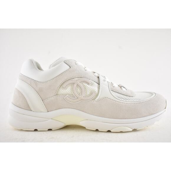 Chanel 20P Mens Triple White Mesh CC Logo Low Top Runner Trainer Sneaker 44 11 - Picture 2 of 13